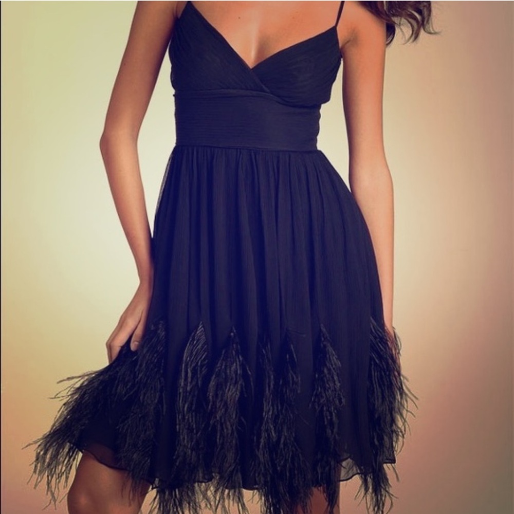 Black silk BcbgMaxazria size 6 dress. Ostrich Feather hem detail.